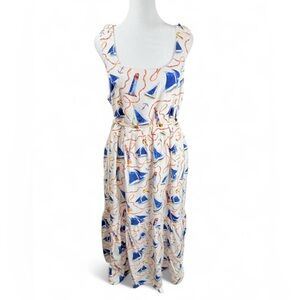 Sleeveless Nautical Print Maxi Dress in White and Blue